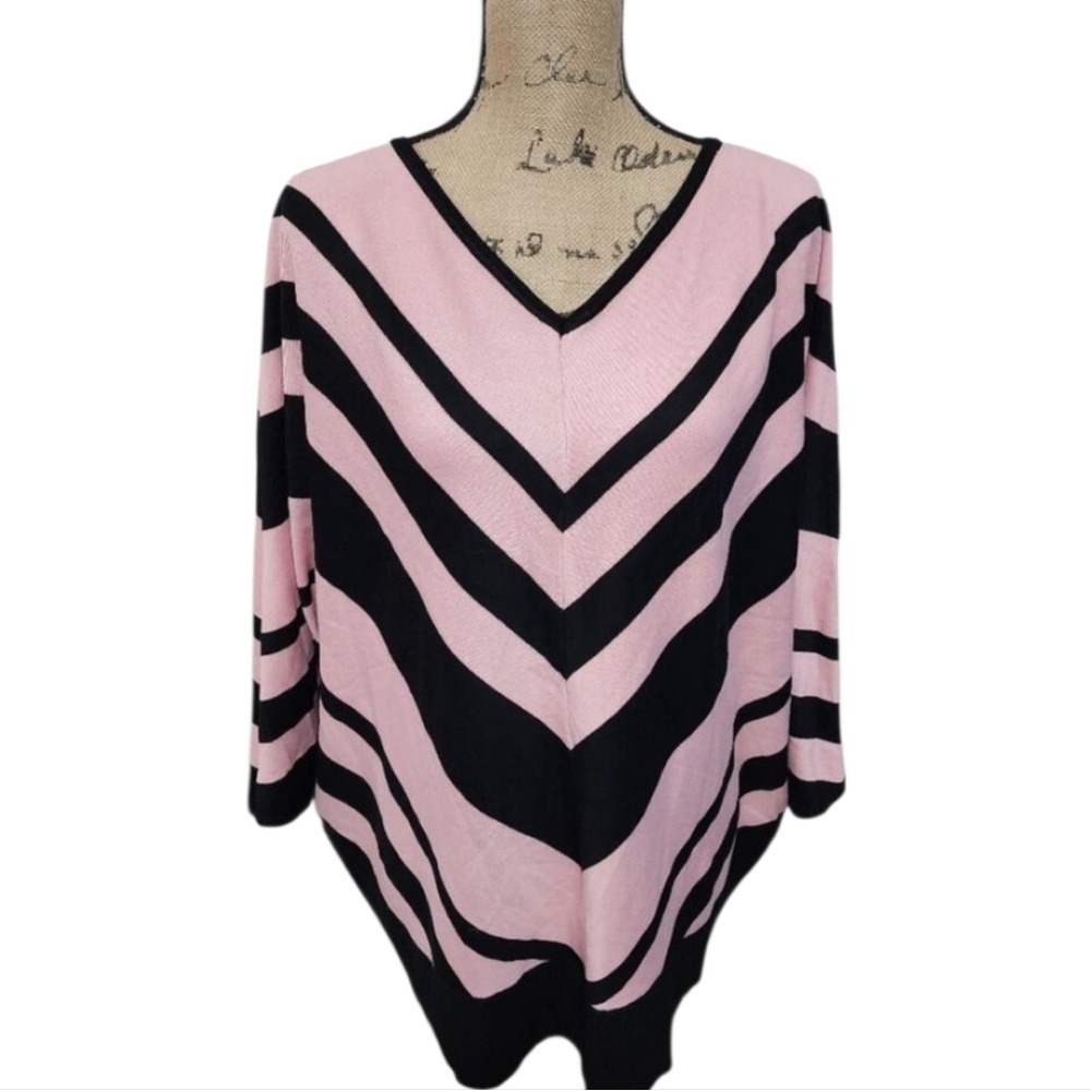 Magaschoni Woman Pink Black Chevron Striped V-Neck Sweater Plus Size 3X NWT